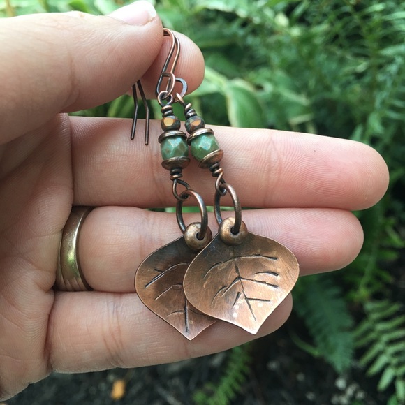 Copper leaf Czech glass bead dangle earrings - Picture 3 of 6